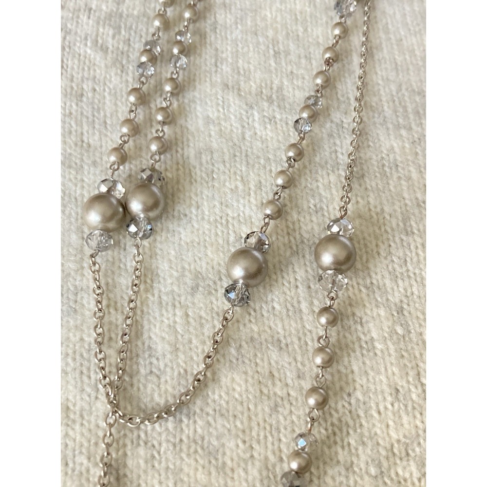 Long Faux Pearl Crystal Bead Necklace Silver Tone Layered Chain Stackable